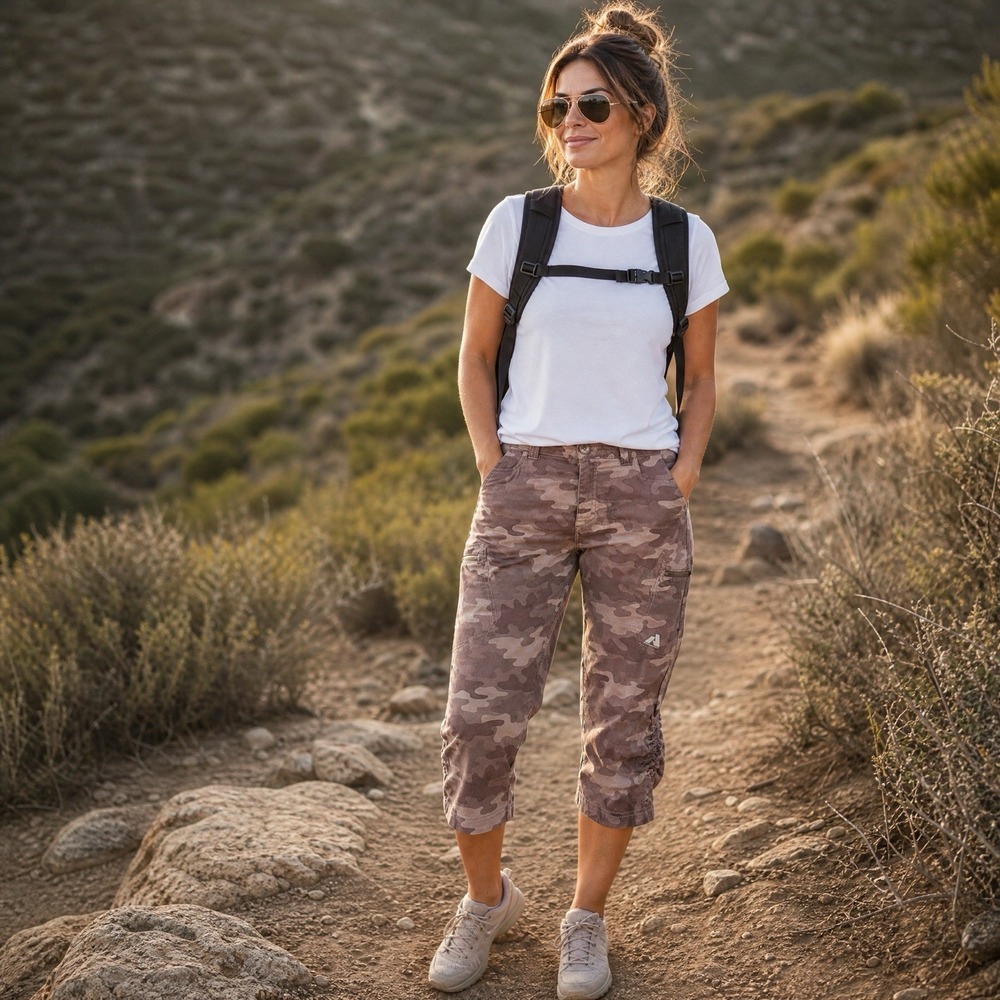Eddie Bauer First Ascent Camo Capri Pants Women Size 12 Pink/Maroon Stretch Hike - Picture 2 of 12